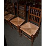 Set of four rush seated spindle back country chairs