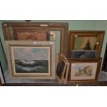 A groups of oils, watercolours and prints including landscapes, still lives, chrystoleums, a