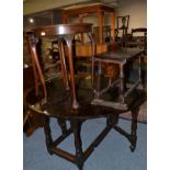 An oak drop leaf table, two stools, small modern drop leaf table, cylinder top bureau and two