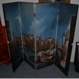 Painted four fold screen, decorated with a Venetian scene