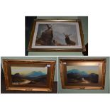 A pair of Victorian framed gouache landscapes and a framed print (3)