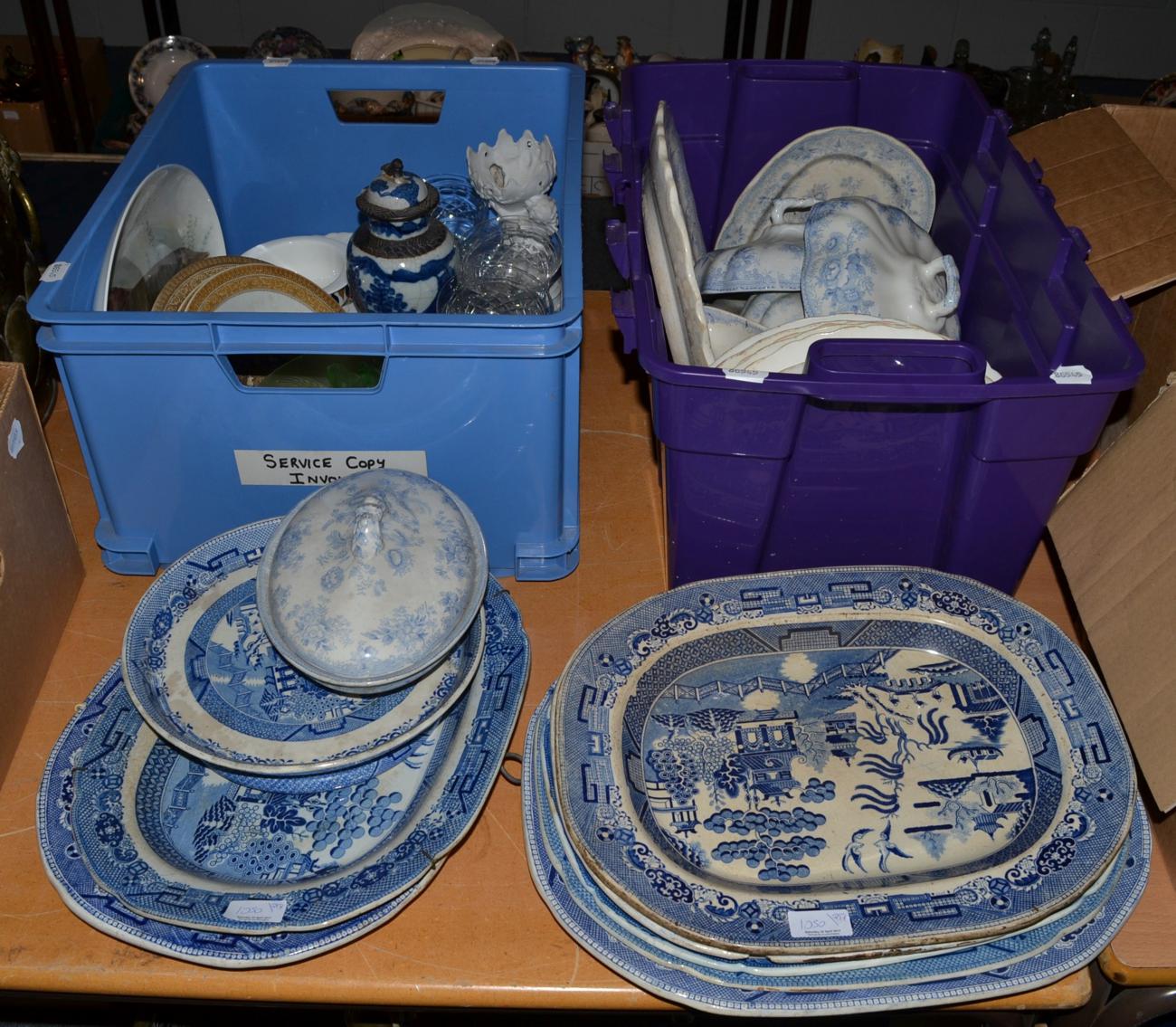 A quantity of blue and white ceramics, meat plates etc