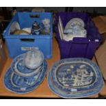 A quantity of blue and white ceramics, meat plates etc