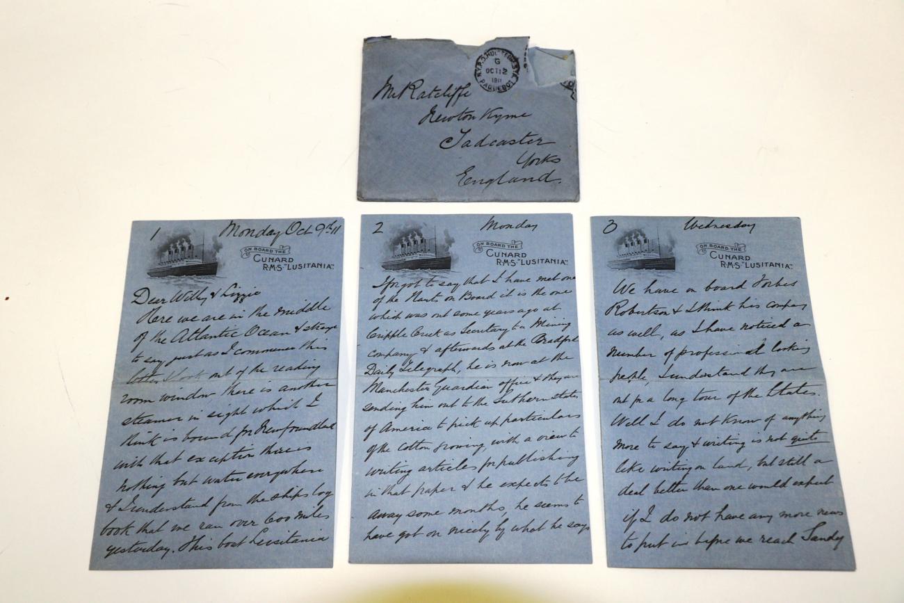 PASSENGER'S LETTER FROM R.M.S. LUSITANIA Autograph Letter written during cruise from Liverpool to