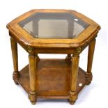 A Reproduction Walnut Hexagonal Shaped Table, with bevel glass plates above reeded tapering legs,