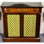 A Regency Style Brass Grille Door Side Cabinet, 20th century, with a green marble top above a single