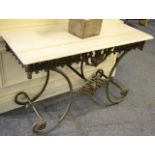 A Cast Iron Console/Hall Table, with a rectangular marble top above a C scroll base with foliate