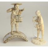 A Japanese ivory okimono, Meiji period, of a traveller standing on a bridge, 17cm high; and