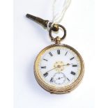 A lady's fob watch, circa 1900, lever movement, enamel dial with Roman numerals, case stamped 14k,