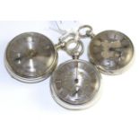 Three silver open faced pocket watches, the first, signed Taffinder, Rotherham, 1867, gilt fusee
