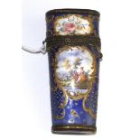 A Staffordshire enamel etui, circa 1780, painted with landscapes and flowers on a blue ground, 10cm