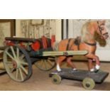 A 19th century wooden horse and brewers dray on wheels, horse with real horsehair mane and tail,