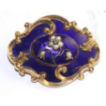 A blue enamel, split pearl and diamond mourning brooch, the central oval section with a floral motif