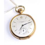 An open faced pocket watch, lever movement, bimetallic balance with a blued overcoil hairspring,