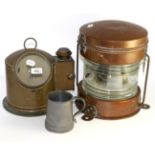 Pewter tankard HMS Projector Antartic 1967/68, lifeboat compass cover and ships lamp (3)