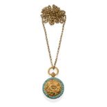 A turquoise locket, possibly French, the domed circular centre with an embossed floral motif and