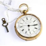 An 18ct gold chronograph pocket watch, 1882, lever movement, enamel dial with Roman numerals,