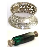 Irish silver dish ring decorated with figures and cattle, 16cm together with a Victorian green glass