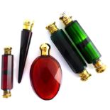 Five coloured glass scent bottles comprising two green double scent bottles and three ruby tinted