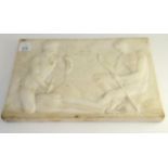A marble plaque carved in relief, depicting two classical figures, titled and inscribed OPP-CXXXIII,