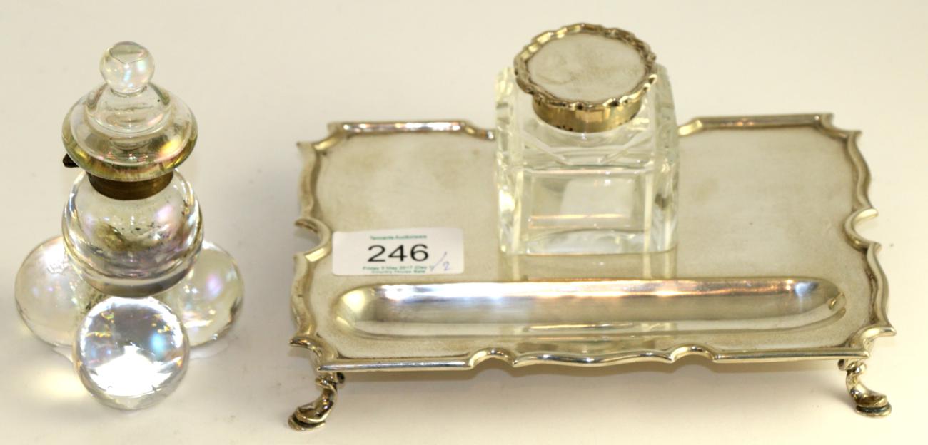 Silver inkstand dish on hoof feet and a glass inkwell 6ozt