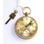 An 18ct gold open faced pocket watch, 1856, gilt fusee lever movement, diamond endstone, dust cover,