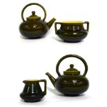 Two Linthorpe Pottery Tea Kettles, shape No.628, olive glaze, impressed LINTHORPE 628, 16cm; and A