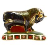 A Royal Crown Derby Imari paperweight, Bull with silver stopperGood condition