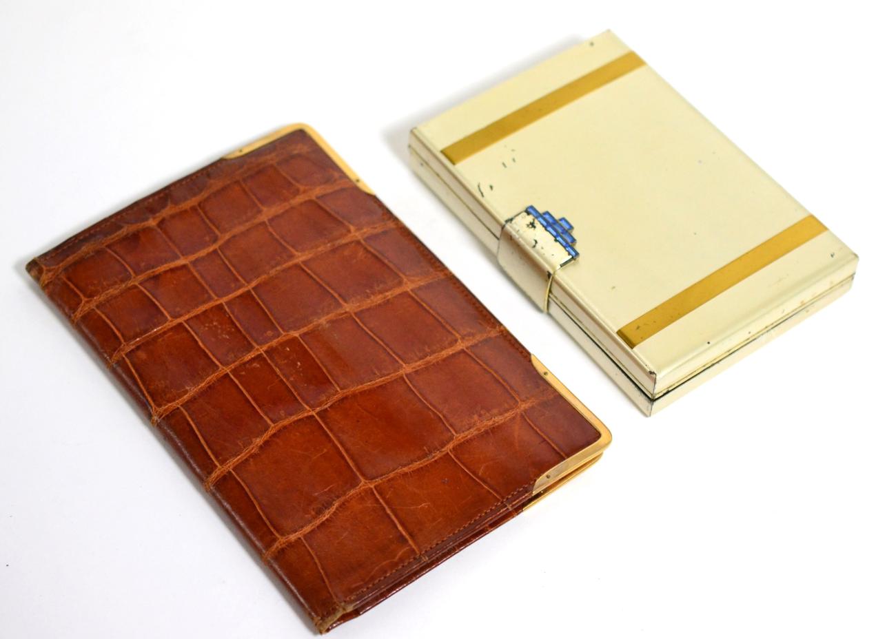 Brown crocodile leather wallet by The Alexander Clark Co, with 9ct gold corner mounts and a Art Deco