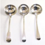 Three George III silver sauce ladles 1777-1812, one with damage to bowl