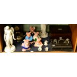 Victorian travelling dressing case, wooden inkstand, two Parian figures, black slate mantel timepie