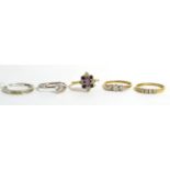 A 9ct gold diamond half hoop ring (a.f.) and four 9ct gold cubic zirconia set rings (5)Gross