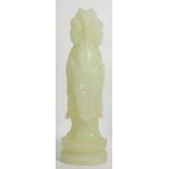A Chinese jade carving of Guanyin, three sided on lotus base