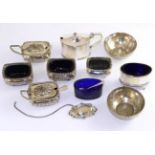 A collection of assorted silver cruets, including an Edwardian oval mustard with blue glass liner