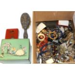A silver mounted hairbrush, quantity of assorted costume jewellery, wristwatches etc