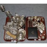 A silver dressing table set, silver ring tree, cased spoons and other assorted silver and plated
