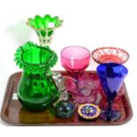 Tray of assorted coloured glassware including Bohemian overlaid lustre