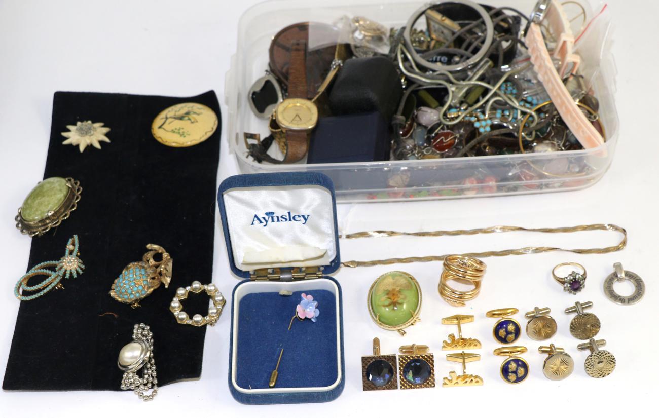 A quantity of costume jewellery including a 9ct gold necklace and a 9ct gold ring