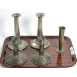 Pair of Tudric pewter candlesticks, another Arts & Crafts pair of candlesticks and a Tudric pewter