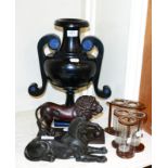 A black slate and lapis mounted Victorian urn, two faux tortoiseshell and glass vases and cast