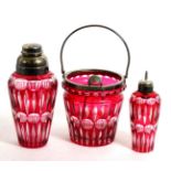 A silver plated and ruby overlayed glass cocktail set