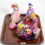 Four Royal Doulton china figures, comprising HN1342, The Flower Seller's Children; HN1402, Miss