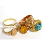 A 9ct gold buckle ring, a 9ct gold signet ring, a 9ct gold band ring, a paste set ring and a