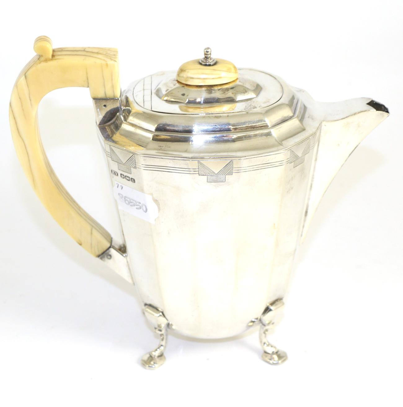 An Art Deco silver hot water jug with ivory handle, Viners Ltd, Sheffield 1936