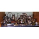 Quantity of silver plated ware including tea set, pair of sauce tureens and covers, silver gilt