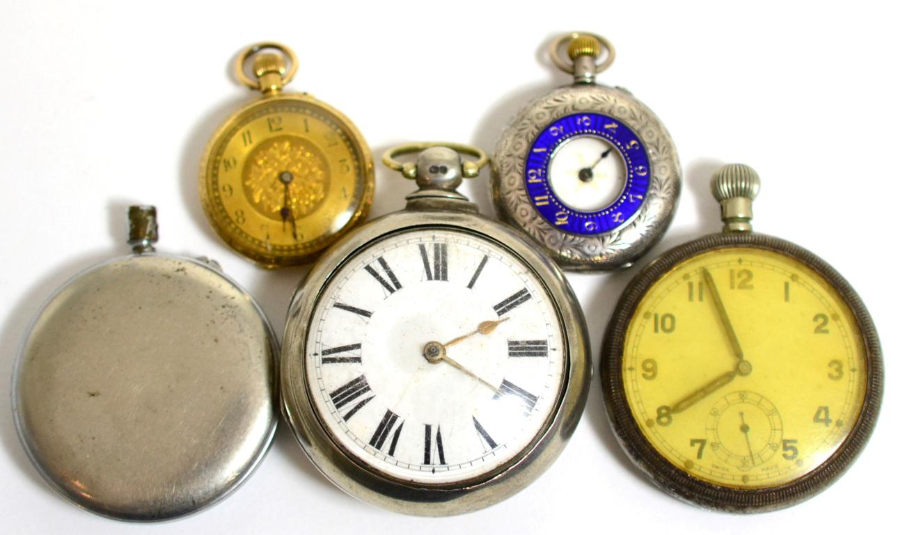 A silver pair cased verge pocket watch, lady's fob watch stamped 18K, one military watch, nickel