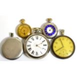 A silver pair cased verge pocket watch, lady's fob watch stamped 18K, one military watch, nickel