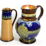 A Doulton Lambeth Queen Victoria 1897 commemorative jug; together with a hot water jug (2)