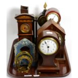 A balloon shaped mantel timepiece, a mahogany timepiece with movement stamped DC, three other