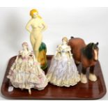 Two Royal Worcester figures; a Doulton shire horse; Royal Doulton Bunnykins figures; Border Fine